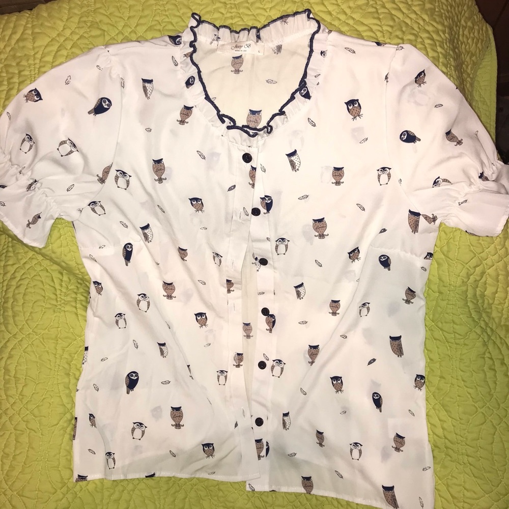 Mod Cloth Jessie B size L adorable button-up owl blouse